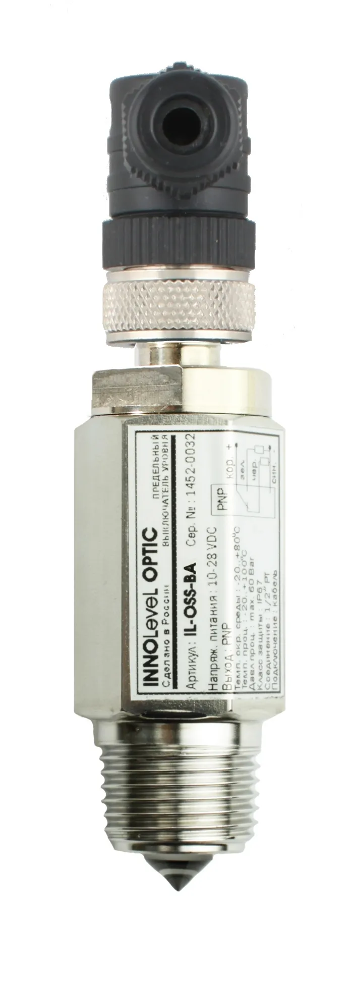 Оптический контактный датчик уровня жидкостей в корпусе из нерж. стали, -20 +100 С, Pmax=60 bar, 10-28 VDC, IP67, соединение- резьба 1/2" PF (цилиндрическая), выход PNP NO+NC, разъем M12x4 pin