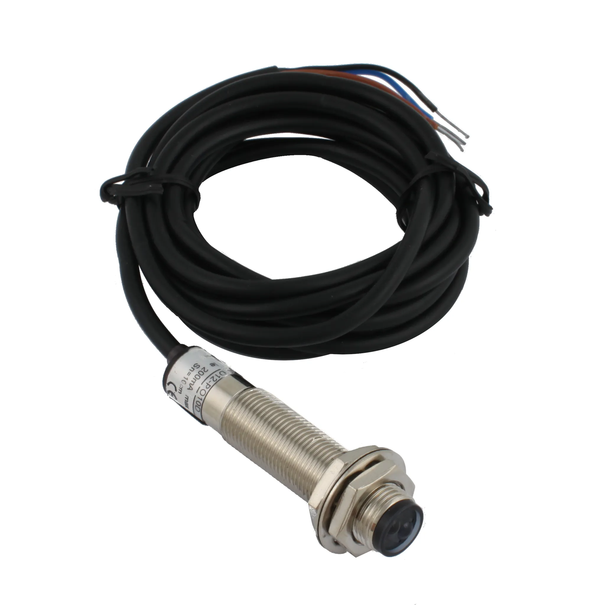 INNOCONT Фотодатчик диффузионный, М12x1, зона срабатывания до 10 см, -10 +60 С, 12…24 VDC, IP67, выход: PNP NO, макс. ток 200 мА, время реакции 3 мс, кабель 2 м PES-D12-PO10D