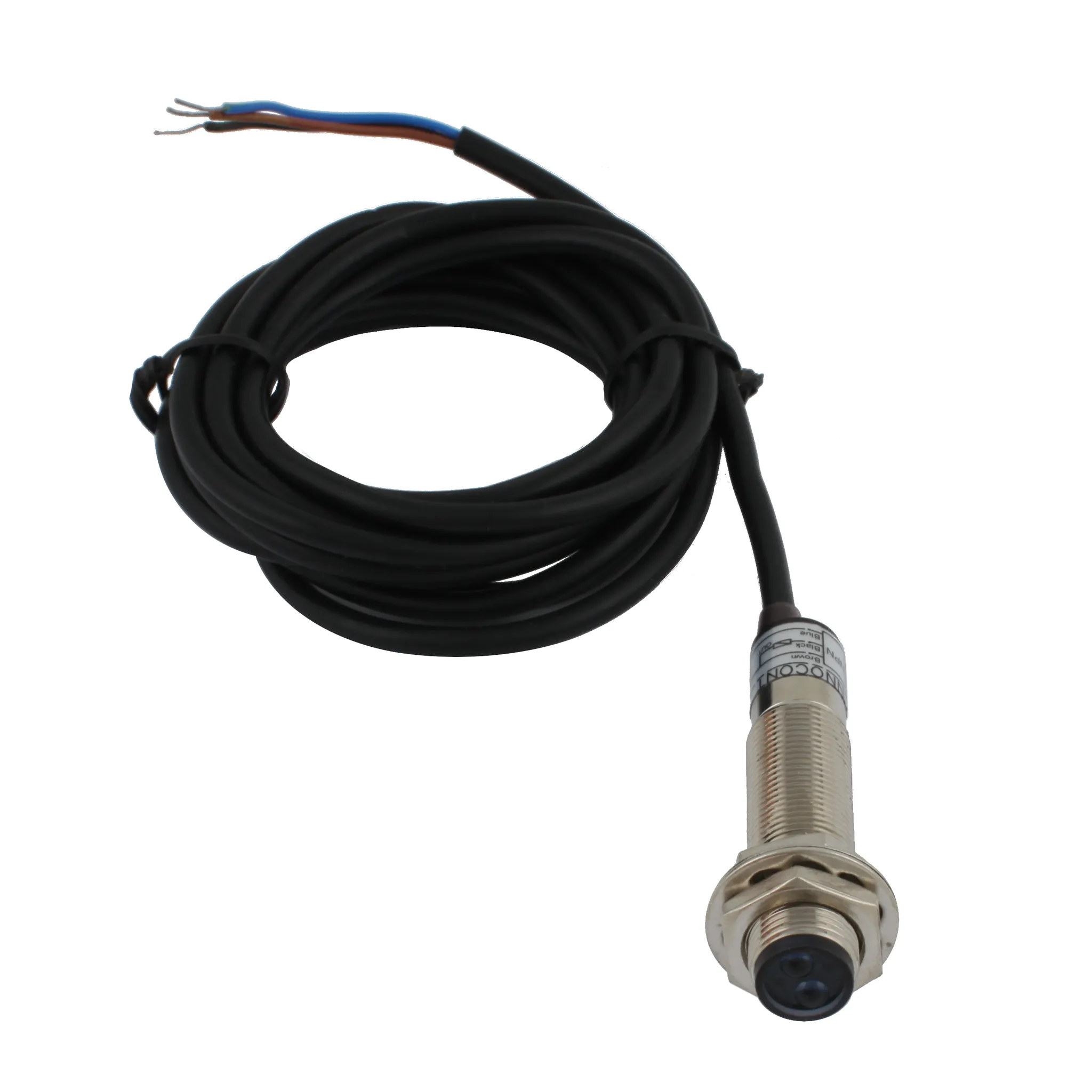 INNOCONT Фотодатчик диффузионный, М12x1, зона срабатывания до 10 см, -10 +60 С, 12…24 VDC, IP67, выход: NPN NO, макс. ток 200 мА, время реакции 3 мс, кабель 2 м PES-D12-NO10D