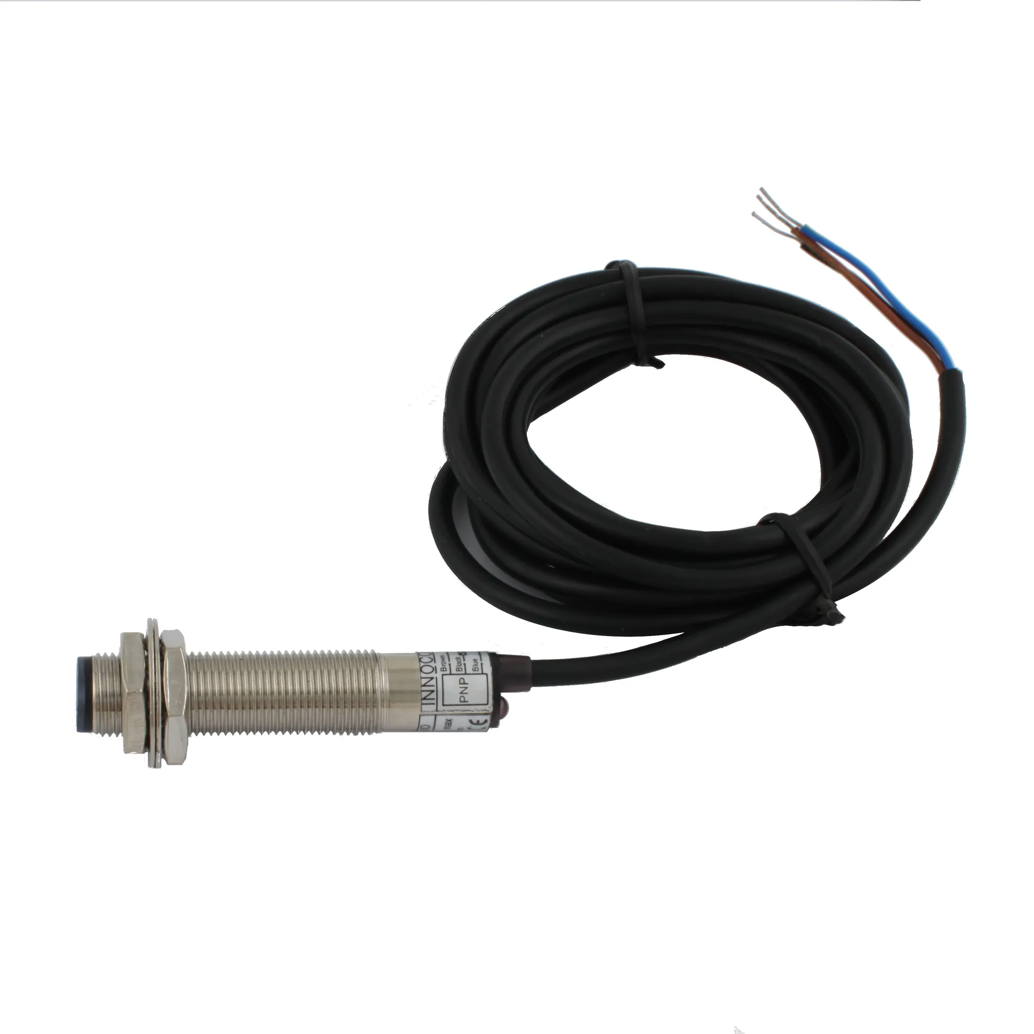 INNOCONT Фотодатчик диффузионный, М12x1, зона срабатывания до 10 см, -10 +60 С, 12…24 VDC, IP67, выход: PNP NO, макс. ток 200 мА, время реакции 3 мс, кабель 2 м PES-D12-PO10D