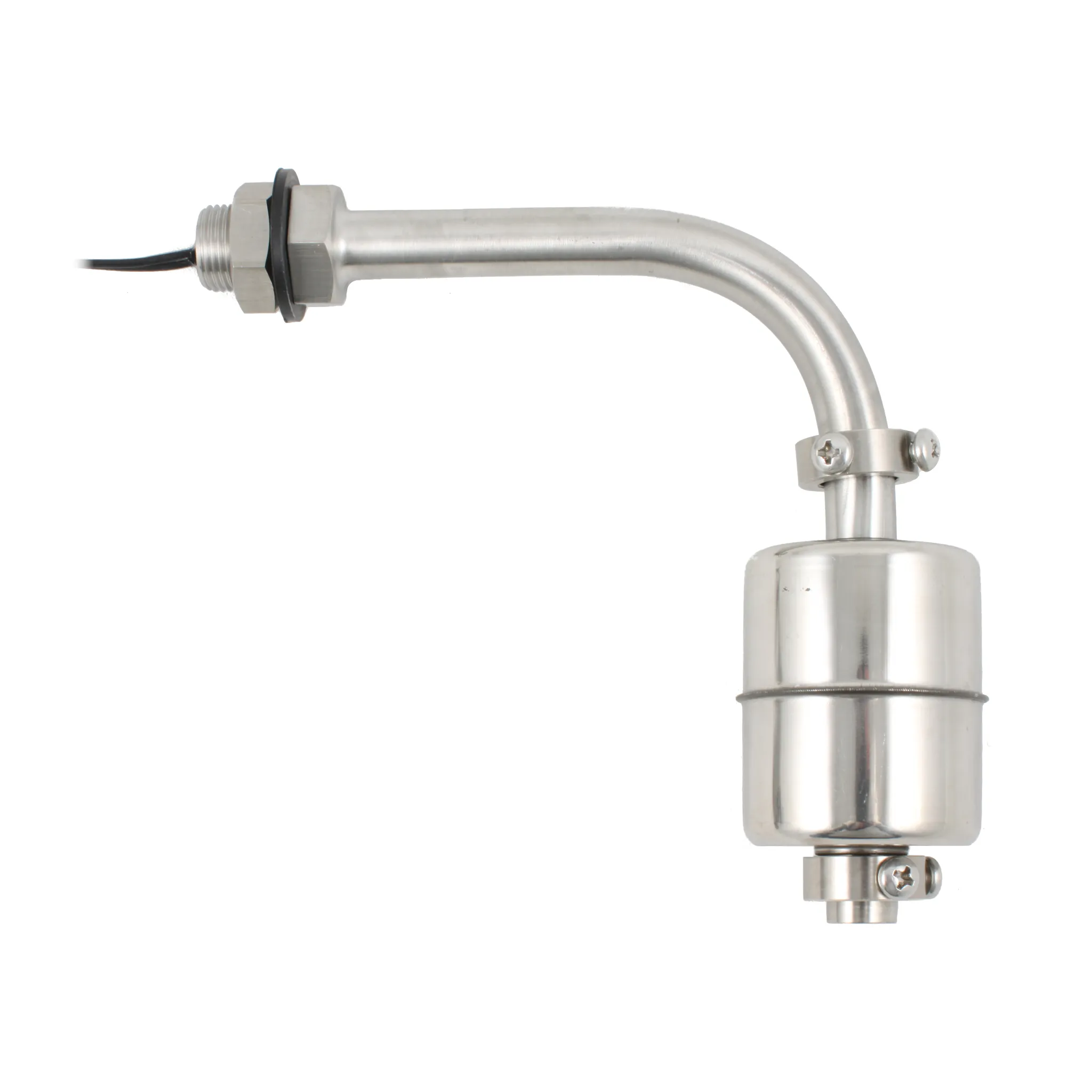 Поплавковый датчик уровня жидкости, Г-образное исполнение, -20 +120 С, соединение- резьба 3/8"PF нерж. сталь, кабель 500 мм, поплавок D=45 мм нерж. сталь