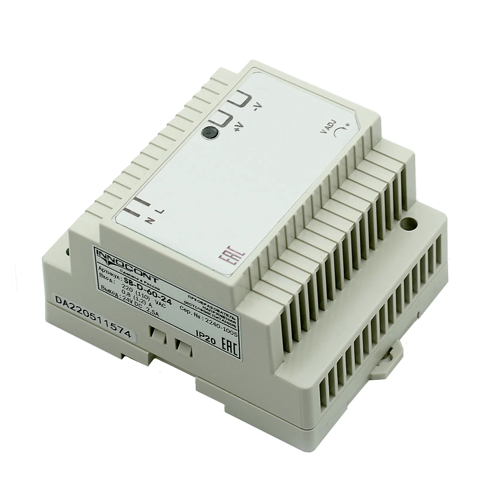 Источник питания INNOCONT. Вход: 220VAC, 0.8А, выход: 60W, 24VDC, 2.5A,-10 +50С, IP20, типы защиты: КЗ, перегрузка, перенапряжение SB-D-60-24