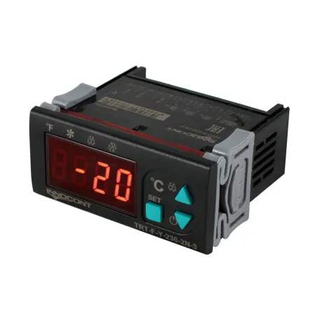 Температурный контроллер для управления охлаждением/размораживанием, 4 разряда, 77х35х61 мм, NTC, выходы реле на компрессор и охладитель, ON/OFF, 230VAC, комплектный фиксатор
