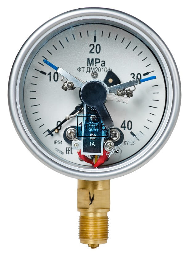 Вакуумметры, мановакуумметры, манометры электроконтактные пылевлагозащищенные ДВ2010ф, ДА2010ф, ДМ2010ф IP54(IP65) (Диаметр: 100 мм)