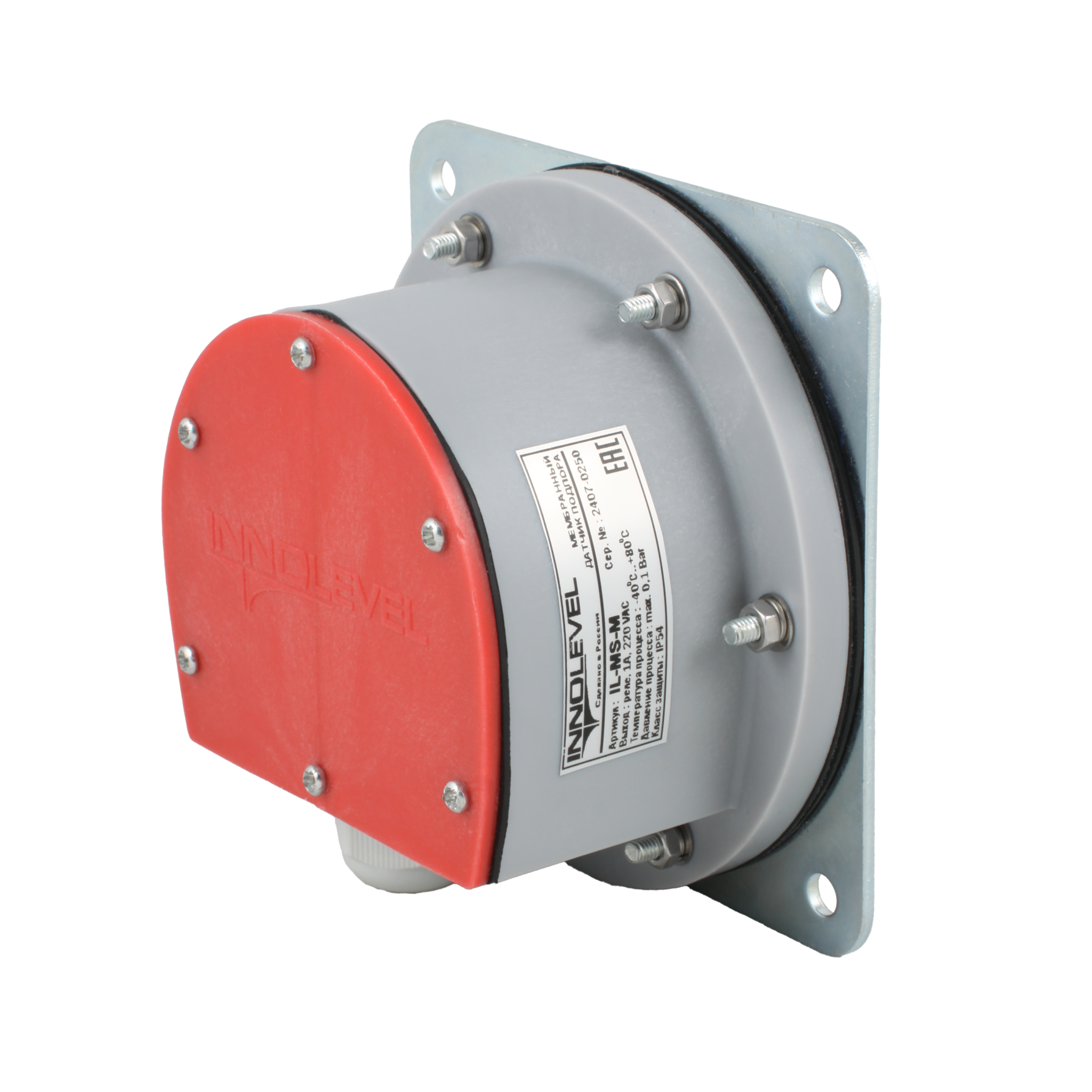 Мембранный датчик подпора для сыпучих материалов в пластиковом корпусе (аналог СУМ-1), -40 +80 С, IP54, чувств. от 100 г/л; соединение- фланец 114x114 мм, мембрана- NBR, выход- реле SPDT